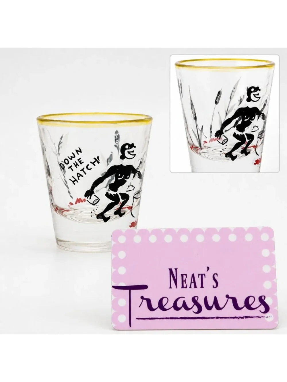 Vintage Risque Federal Glass DOWN THE HATCH Novelty Cartoon Natives Shot Glass
